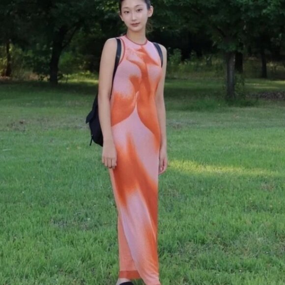 NWT ORANGE KISS PRINTED LONG TULLE DRESS - Picture 3 of 8